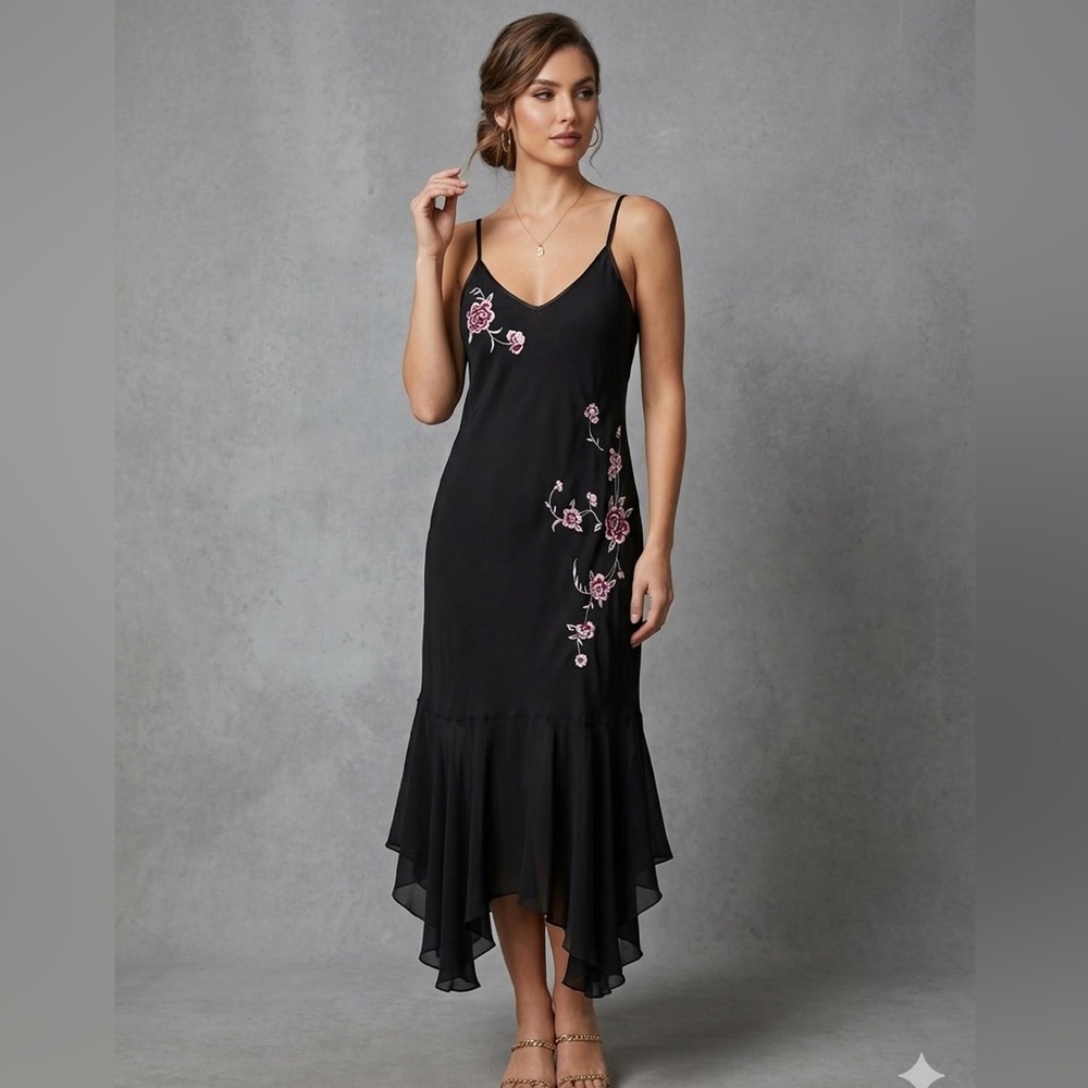 Vintage California Dynasty Black Floral Embroidered Nightgown 90s Slip Dress